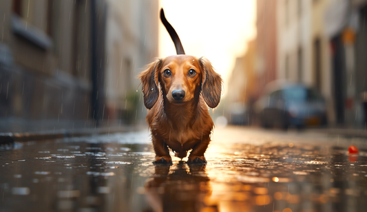 dachshund in the rain