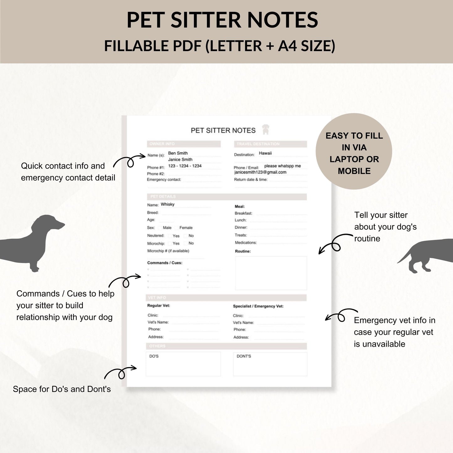 Mobile Friendly Fillable PDF Pet Sitter Notes | Digital Download
