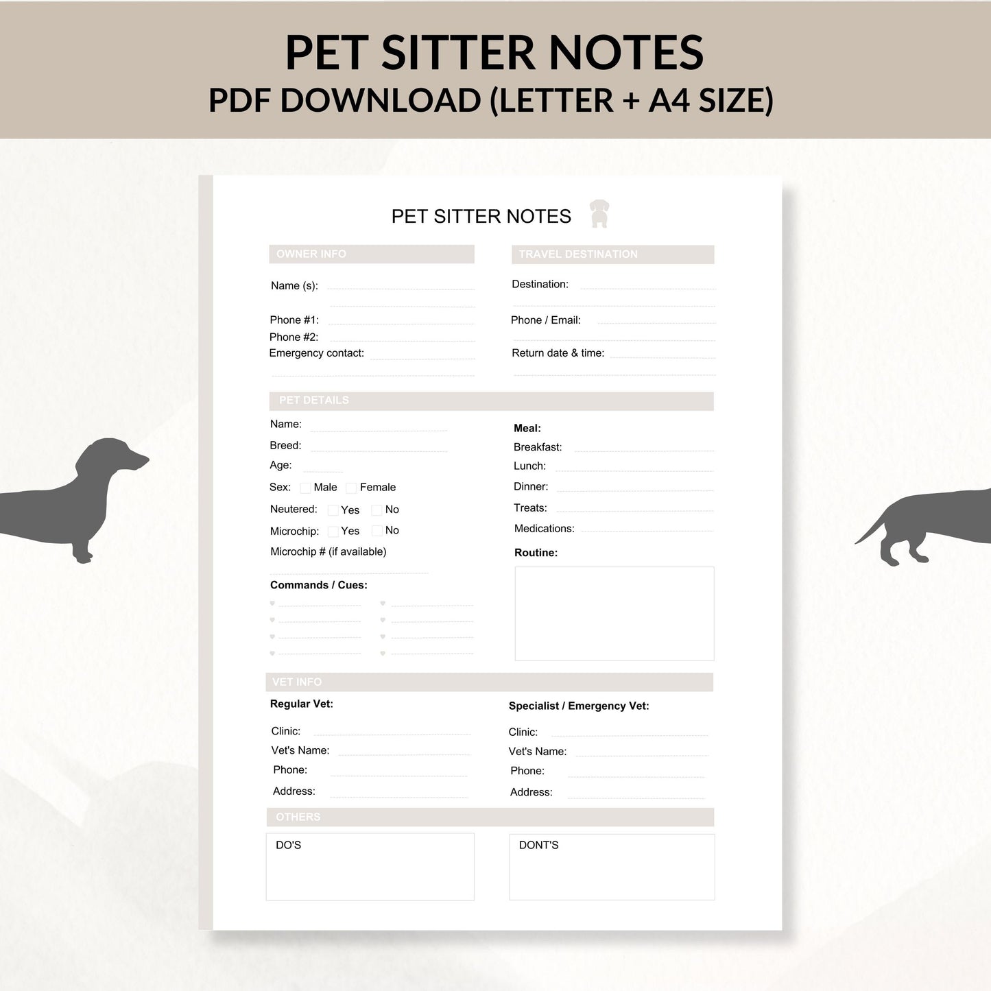 Instant download PDF Pet Sitter Notes | Digital Download