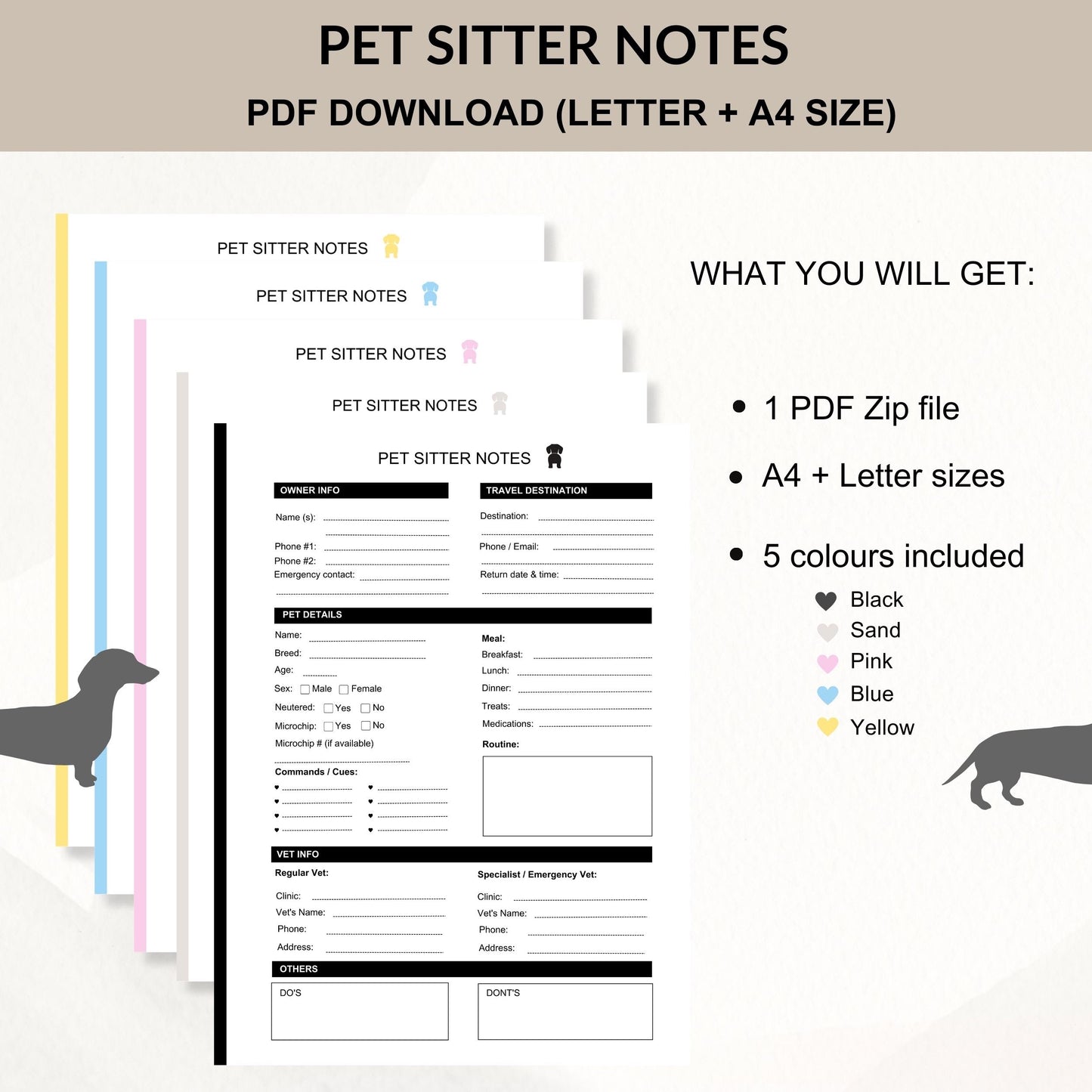 Instant download PDF Pet Sitter Notes | Digital Download